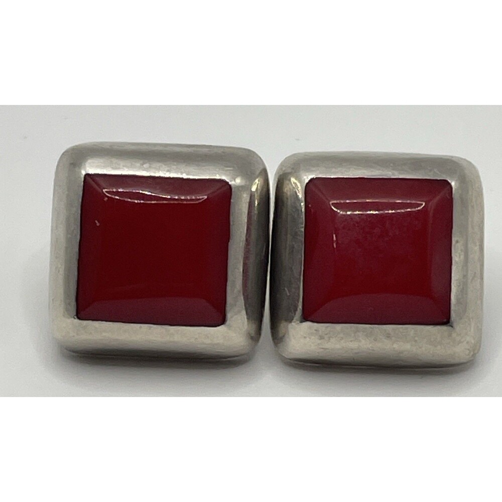 Vintage Sterling Silver TAXCO Carnelian Geometric Square Earrings No Backs